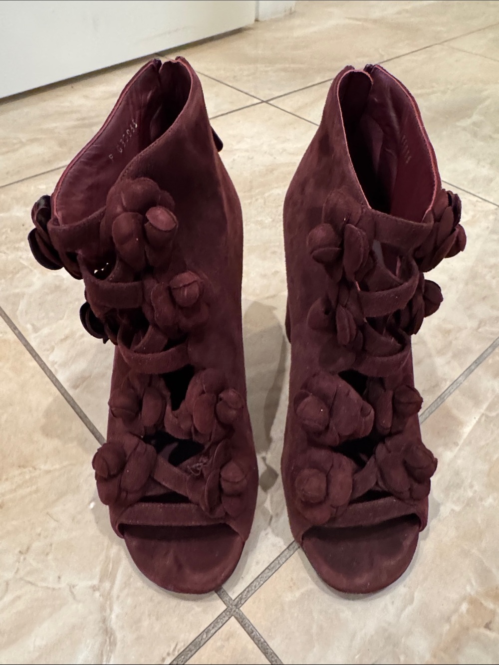 CHANEL Burgundy Suede Floral Peep-Toe Block Heels - Picture 10 of 10